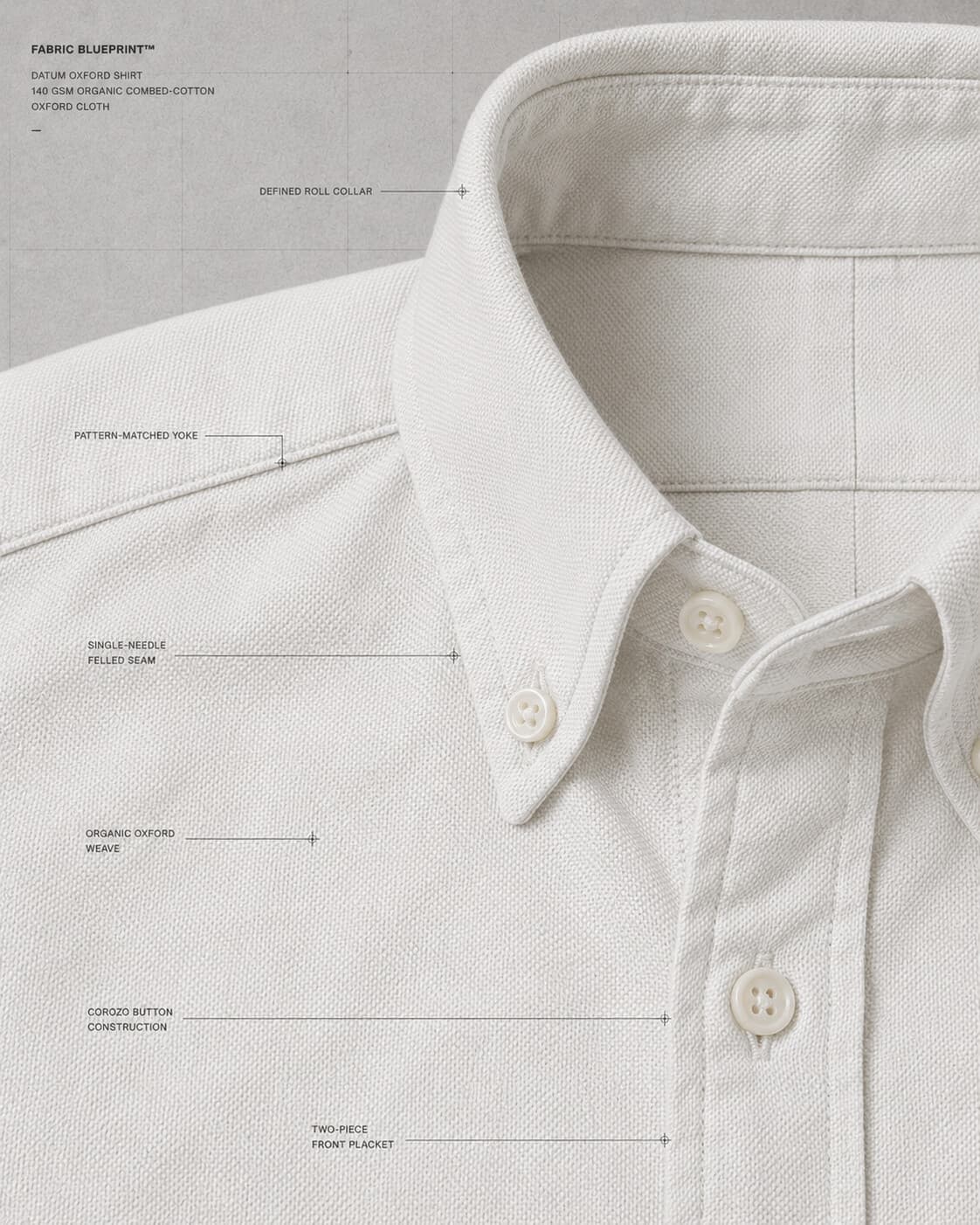 Defined-roll button-down collar and single-needle felled seams of the Datum Oxford Shirt, in detail