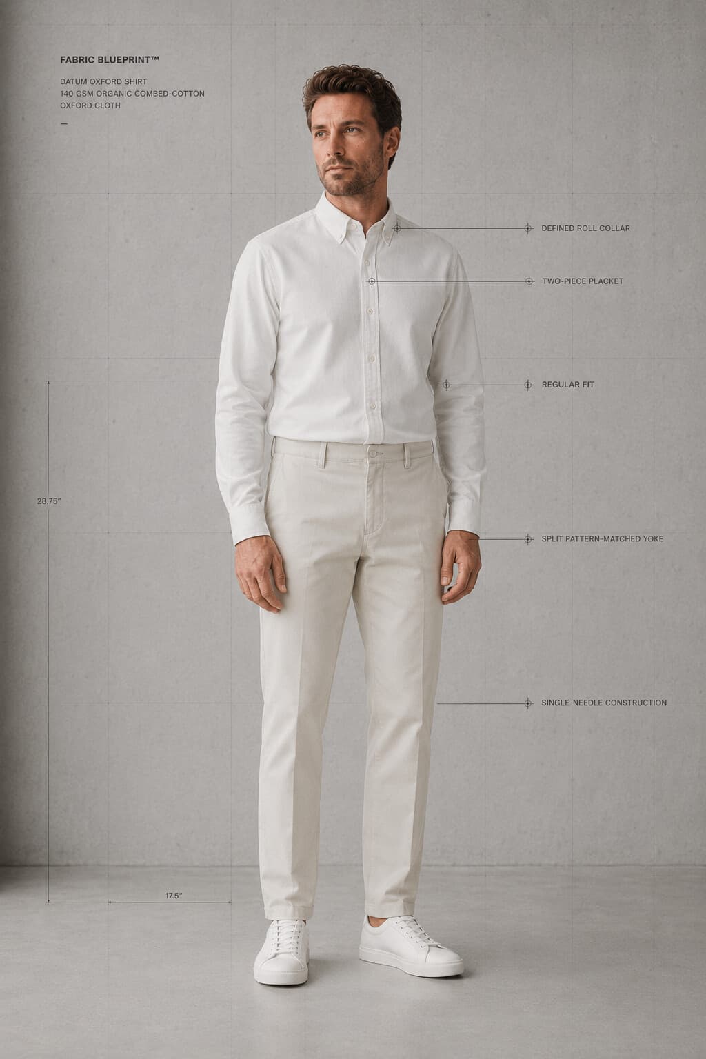 Datum Oxford Shirt in chalk, worn — regular fit with a slight taper