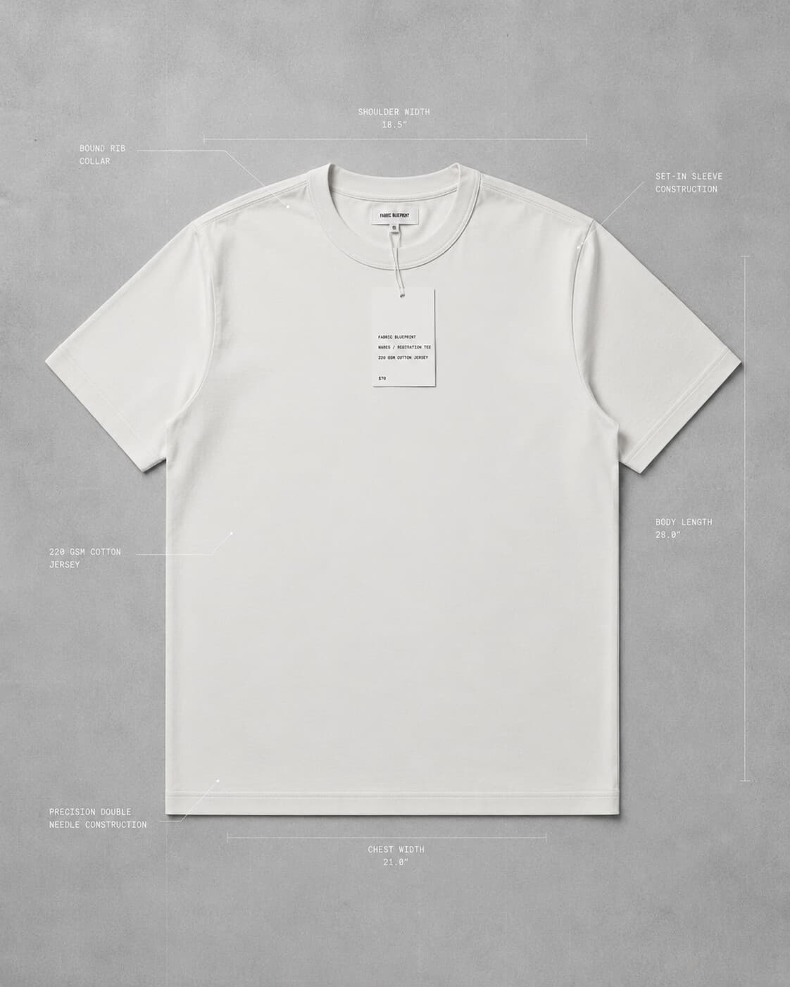 Registration Tee in chalk — flat-lay specification photograph with measured callouts