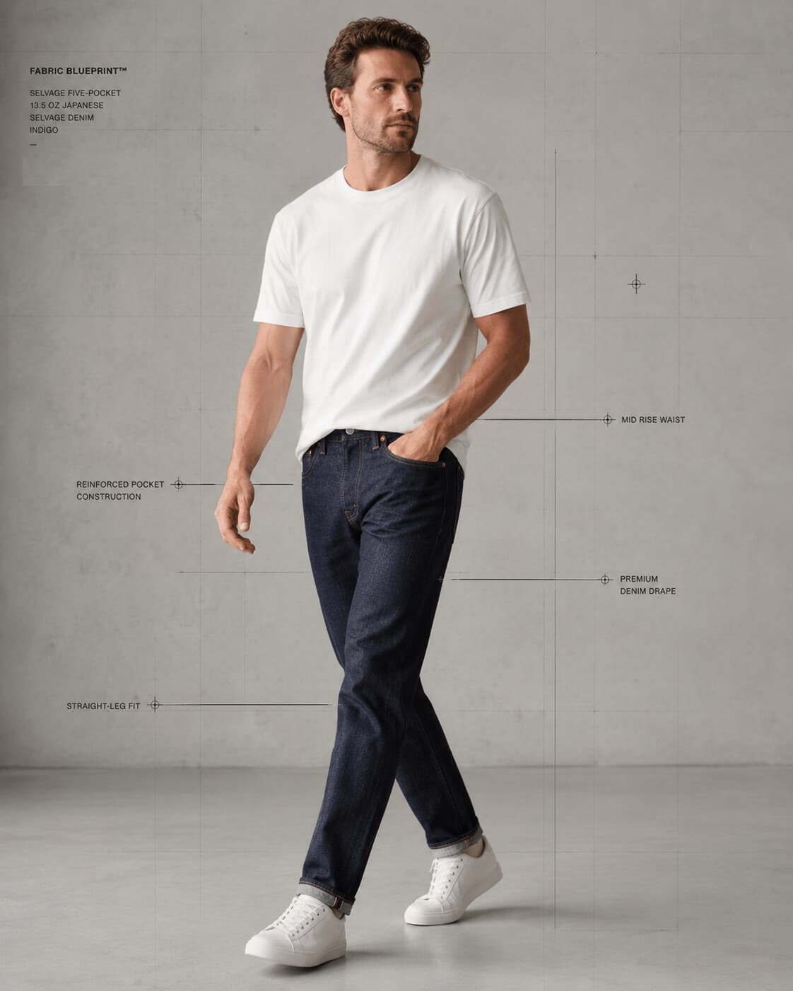 Selvage Five-Pocket in indigo, worn — straight-taper fit, cuffed to show the selvage id