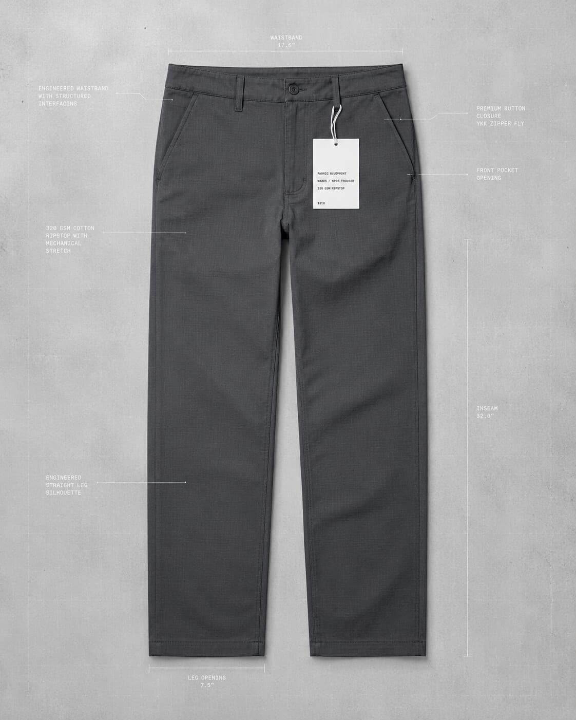 Spec Trouser in graphite — flat-lay specification photograph with measured callouts
