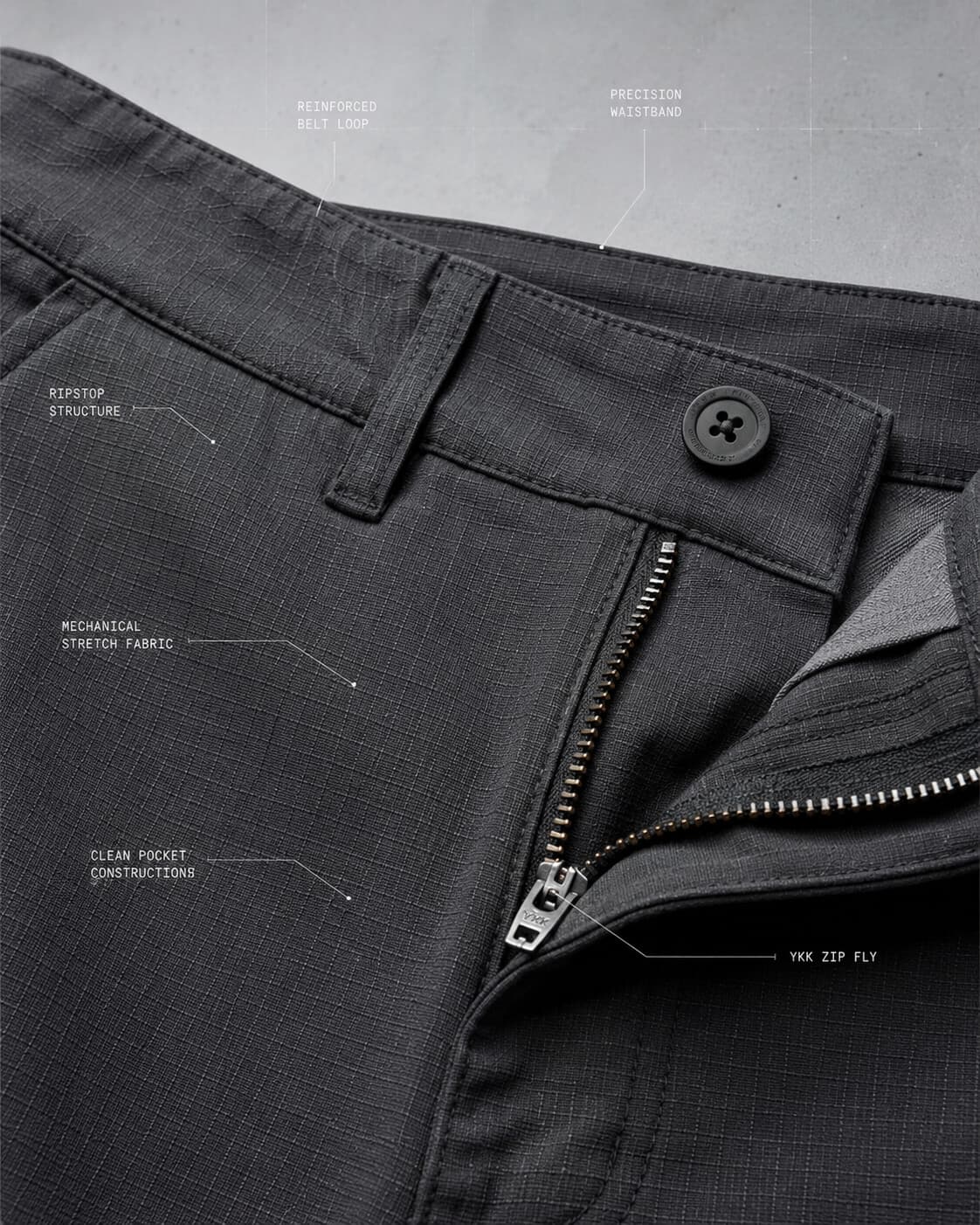 Precision waistband, YKK zip fly, and ripstop structure of the Spec Trouser, in detail
