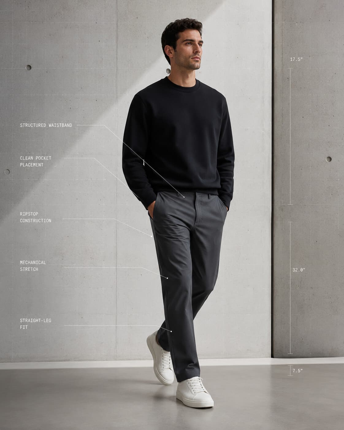 Spec Trouser in graphite, worn — engineered straight-leg silhouette