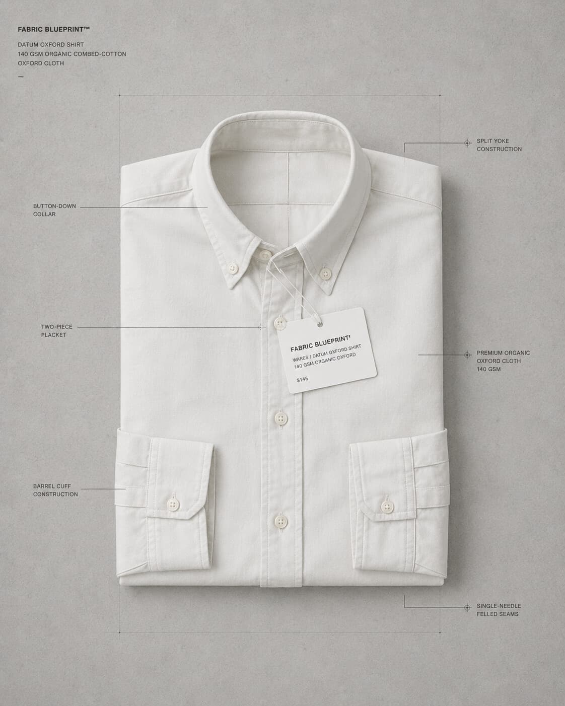 Datum Oxford Shirt in chalk, folded — flat-lay specification photograph