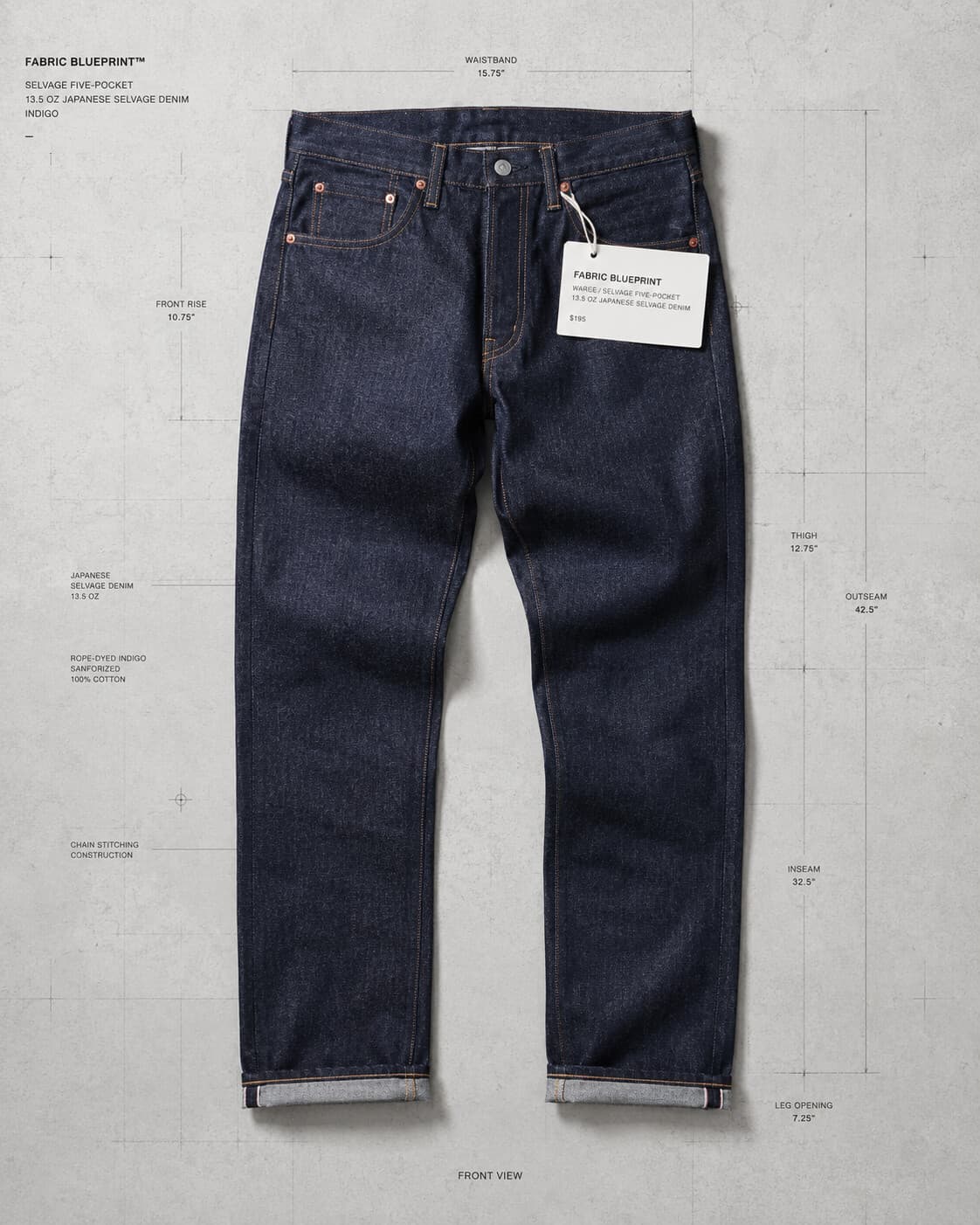 Selvage Five-Pocket in indigo — flat-lay specification photograph with measured callouts
