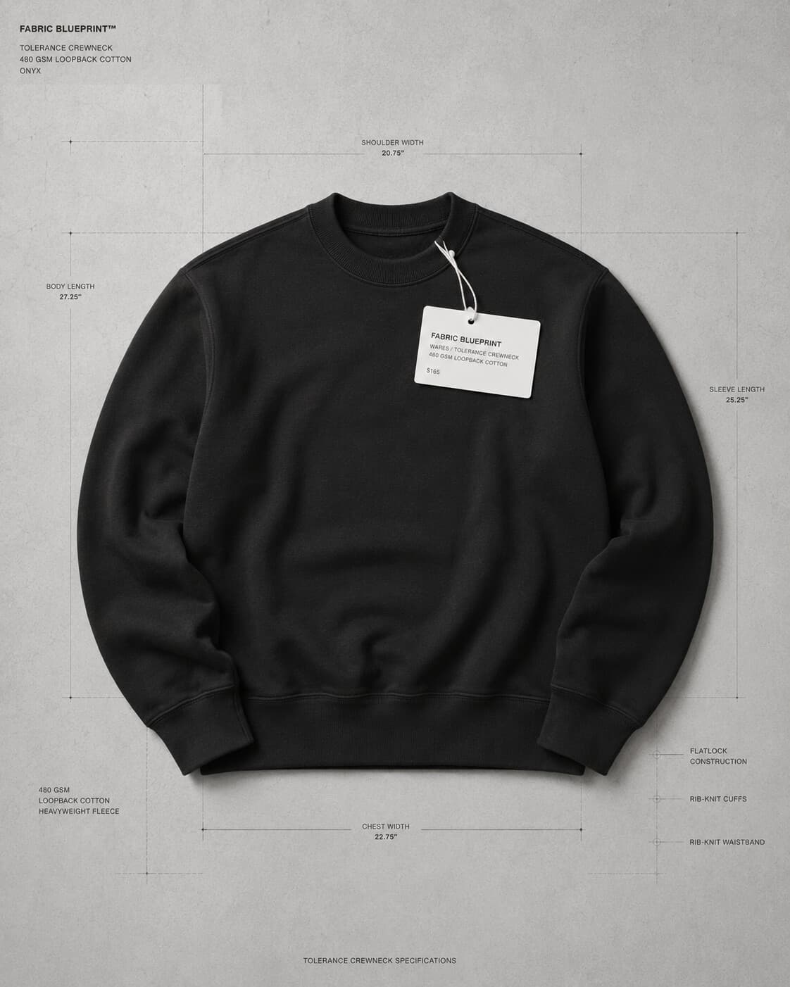 Tolerance Crewneck in onyx — flat-lay specification photograph with measured callouts