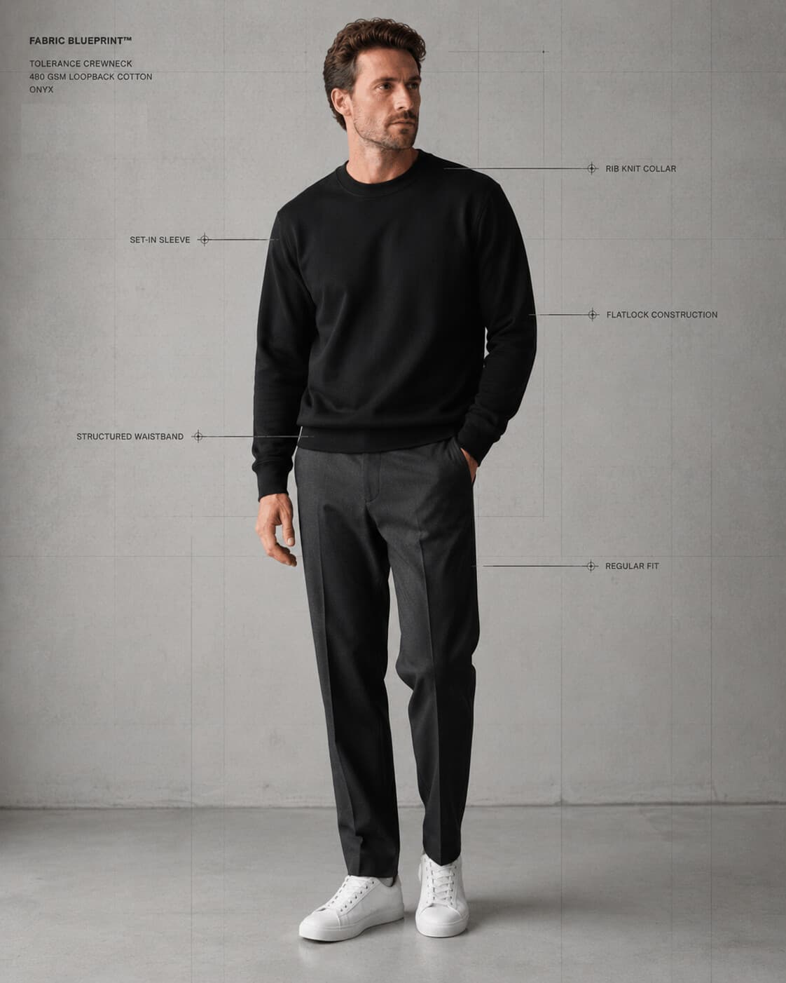 Tolerance Crewneck in onyx, worn — regular fit with set-in sleeves